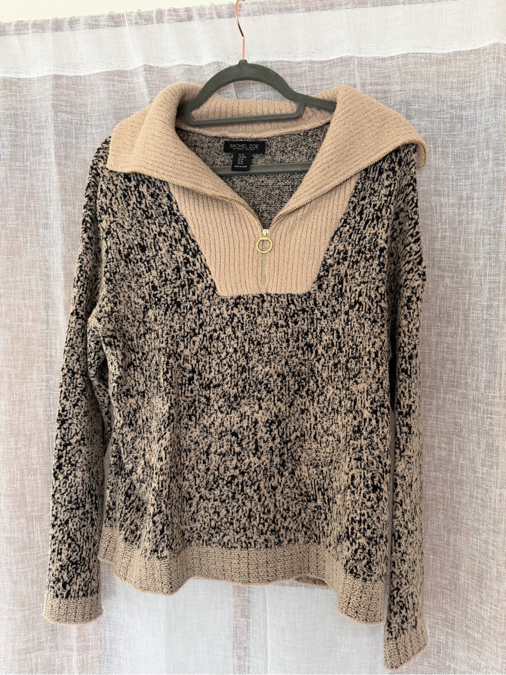 Rachel Zoe Beige and Black Marled Half-Zip Sweater